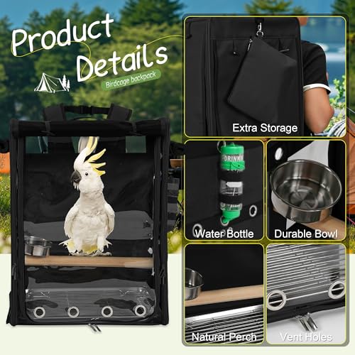 Bird Carrier Travel Cage, Cockatoo Carrier, Parrot Travel Backpack with Unbreakable Stainless Steel Mesh, Perch, Water Bottle and Food Bowl, X-Large Black - color: Black, size: 17.5"L x 14.8"W x 23.6"H