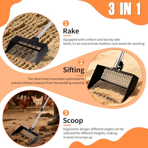 Chicken Poop Scooper, Adjustable Angle Chicken Coop Cleaning, 3-in-1 Sand Rake with Sifting Panels for Hen/Pet House Bedding Management, 304 Stainless Steel Chicken Coop Accessories