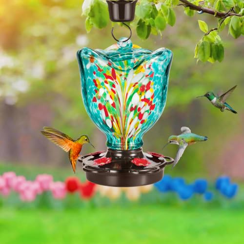 LUJII Rose Shaped Hummingbird Feeder for Outdoor Hanging, Hand-Blown Glass, 25 fl.oz, Leak-Proof and Rustproof, with Ant Moat and 5-Port Metal Cover, Teal - color: Teal