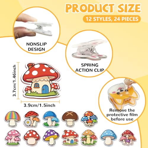 MAYJOYDIY 24Pcs 12 Styles Mushroom Plant Acrylic Chip Clips Colorful Mushroom Cluster Bag Sealer Sealing Closures Cute Daisiy House Pizza Bag Clips for Food Storage Airtight Seal Grip - style: Mushroom