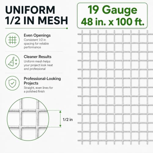 GoldPeak Hardware Cloth 1/2 inch Chicken Wire Fencing 48 x 100 Ft 19-Gauge | Hot-dip Galvanized After Welding, Wire Mesh Roll Chicken Wire Mesh Roll Wire Cloth Gopher Wire Chicken Coop Wire Tree Fence - size: 1/2 inch 48'' x 100'