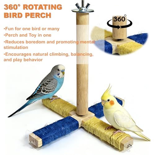 360° Rotating Bird Perch Stand - 4 Perches + 5 Colorful Chew Strand, Natural Bird Cage Accessories, for Small & Medium Birds Parakeets Cockatiels Lovebirds Budgies - color: Colorful