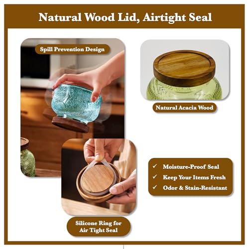 Decorative Amber Embossed Glass Jar with Airtight Wooden Lid, 25.4 fl. oz | Wide mouth vintage storage canister, kitchen pantry bathroom organization, coffee sugar tea cookie candy candle vase gift - size: 25.4 Ounces, style: Amber Flower