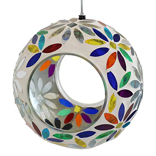 Sunnydaze Mosaic Glass Bird Feeder, Fly-Through, Rainbow Daisies | 6" Small Unique Hanging Bird Feeder for Outdoors, Drainage Hole, Weather-Resistant, Birdfeeder for Cardinals, Jays, & Finches - color: Rainbow Daisies Mosaic