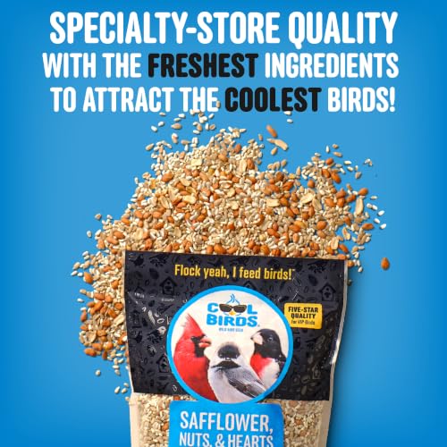 Cool Birds Safflower, Nuts & Hearts Wild Bird Seed, 10 lb | Gourmet Bird Food with Safflower, Sunflower Hearts & Peanuts. No Corn, Milo or Millet, No Waste Bird Food for Outside Feeders