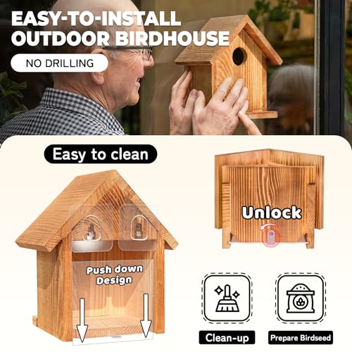 Window Bluebird House for Outside, Birdhouses with Weather Treated | 2 Hanging Hooks, Simple Installation, Easy to Clean, Outdoor Placement, Wild Bird Watching, for Garden, Patio, Fence