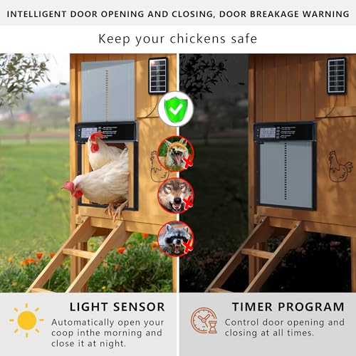 Automatic Chicken Coop Door Solar Powered, LCD Screen Electric Chicken Coop Door with Timer & Light Sensor, 4 Modes Solar Chicken Coop Door, Anti-Pinch & Door Pry Warning Coop Door with Remote Control