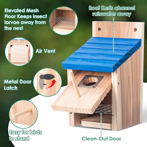 Dreyoo 4 Pack Bluebird Houses for Outside, 1-1/2'' Entrance Hole Wooden Bluebird Houses for Outdoors with Metal Guard, Secure Latch, Fledgling Grooves, Air Vents (Blue Roof with Wood Body)