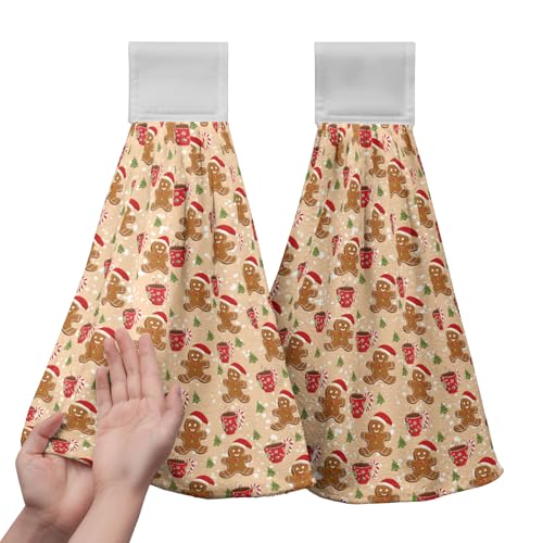 Christmas Gingerbread Man Kitchen Towels with Hanging Loop Candy Cane Hot Cocoa Xmas Tree Hand Towels Set of 2 Orange Bath Towels Winter Holiday Soft Absorbent Fingertip Dish Tie Towel for Bathroom - color: Gingerbread Orange