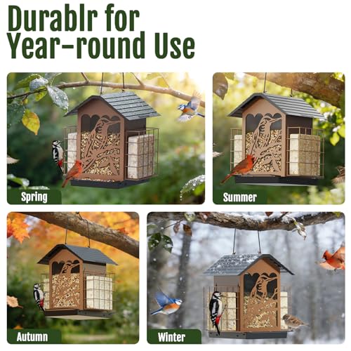 Birdream Bird Feeders for Outdoors, 5 Lbs Metal Bird Feeder with Double Suet Cages, 2 in 1 Mixed Seeds Suet Feeder, Large Capacity & Weatherproof Metal Roof, Attract Cardinals Wildbird Woodpecker
