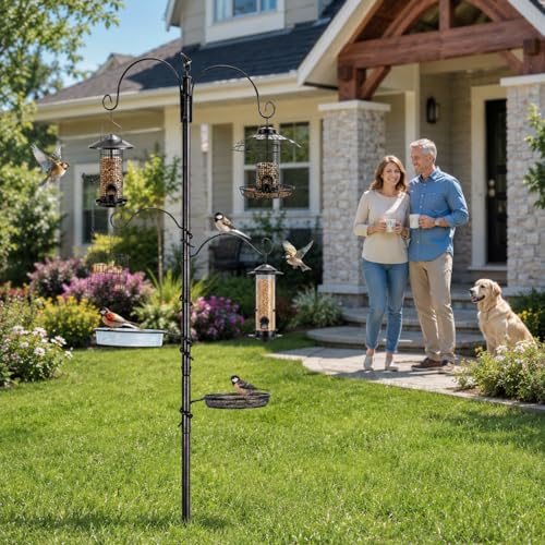 REDCAMP 75'' Wild Bird Feeder Station Kit, Heavy Duty Feeder Stand Pole | with 4 Hanging Poles, Multi Feeding Station Kit for Outdoor Yard Garden