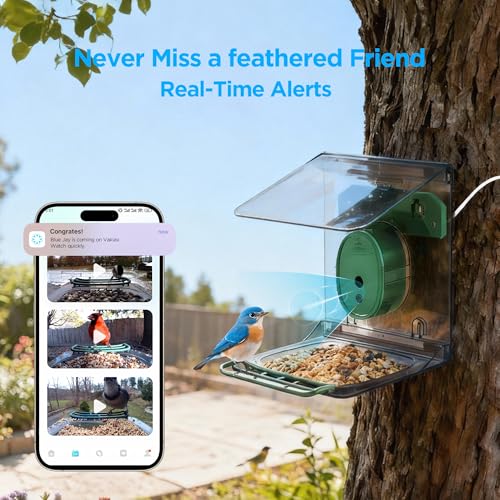 Smart Bird Feeder with Camera Solar Powered,2K UHD Video Live Stream,Easy Set Up,AI Bird Species Identification, Auto Capture Videos&5MP Photos,Instant Alerts,Gifts for Bird Lovers