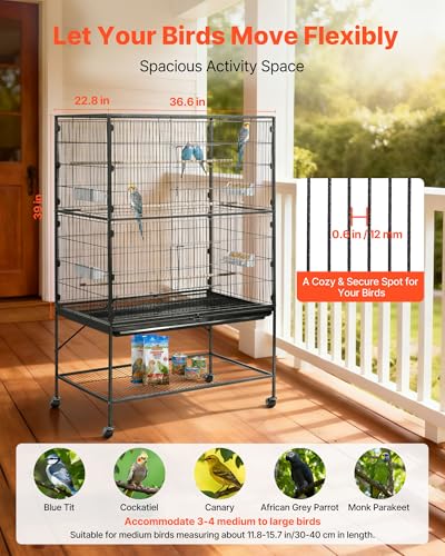 VEVOR Bird Cage, 36.6 x 22.8 x 59.5 inch, Flat Top, Wrought Iron Bird Flight Cage with Perches, Slide-Out Tray and Plastic Feeders, for Blue Tit, Cockatiel, Canary, Monk Parakeet, African Grey Parrot - size: 36.6"L x 22.8"W x 59.5"H