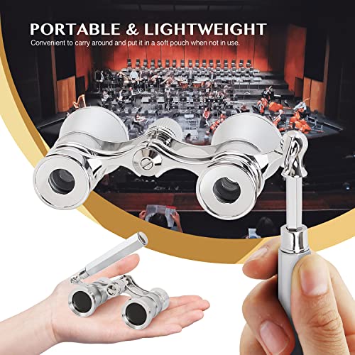 Aomekie Opera Glasses Binoculars 3X25 Lorgnette Theater Glasses Mini Binocular Compact with Handle for Adults Women in Musical Concert（Silver） - color: Silver with Handle