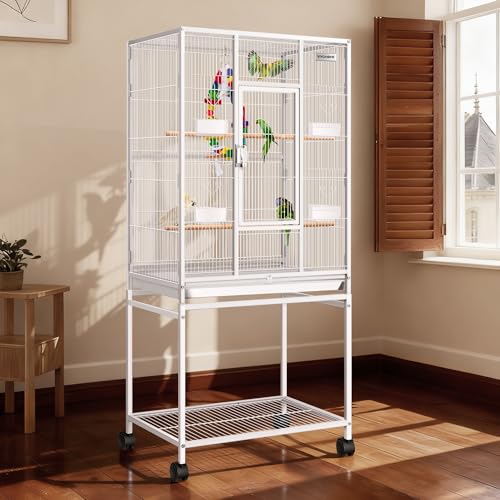 VIVOHOME 54 Inch Wrought Iron Large Bird Cage with Rolling Stand | Bird Flight Cage with Stand, Casters, Slide-out Tray for Parakeets Canaries Parrot Cockatiels Lovebirds Conures, Whtie - color: White