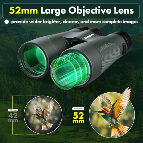 Aurosports 15x52 Waterproof Binoculars for Adults Hunting Binoculars Green | IPX7 Nitrogen-Filled, HD Optical System, BAK4 Prism, FMC, Low Light Vision, Bird Watching, Cruise, Travel, Stargazing - color: Green