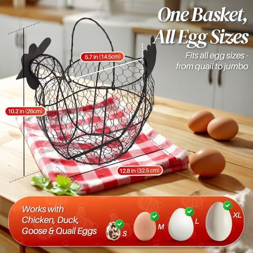 Flexzion Egg Basket for Gathering Fresh Eggs, Black Wire Chicken Egg Collecting Basket Countertop, 24-Egg Metal Holder with Handle, Chicken Shaped Basket for Farmhouse Kitchen Decor - size: Large Chicken Basket