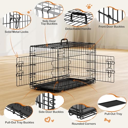 Yaheetech 30inch Double Door Dog Crate w/Divider, Collapsible Metal Kennel | Heavy-duty Sturdy Metal Frame, Easy Assemble, Fold Up for Travel, Removable Tray, Ideal for Puppies, Small to Medium Dogs - size: 30" L
