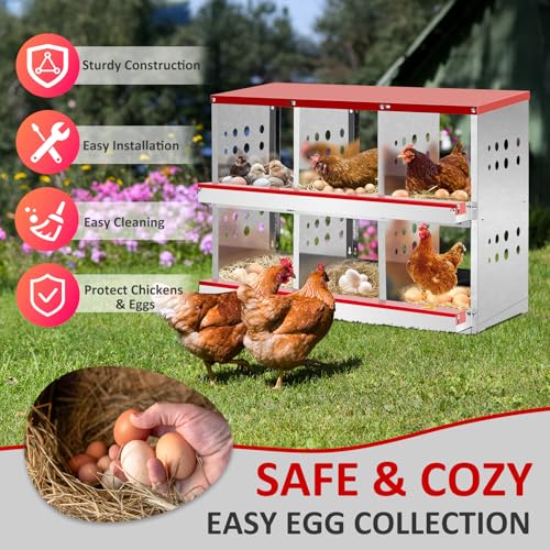 VINGLI Chicken Nesting Boxes, 6 Compartment Nesting Boxes for Chickens and Hens Roll-Out with Plastic Baskets, Chicken Coop Laying Boxes (6 Grids) - size: 6 Grids