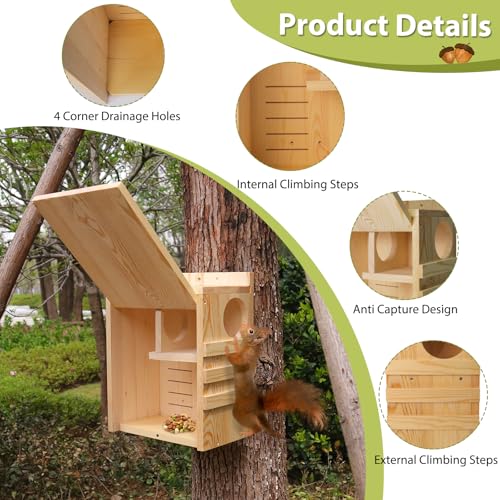 Large Squirrel House for Outside, Wooden Squirrel Box with Predator Guard | Squirrel Nesting Box for Squirrels and Chipmunks, with Internal and External Climbing Ladders, 4 Corner Drainage Holes - size: Large: 8"wide