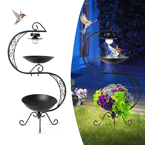 Bird Baths for Outside with Solar Lights, 36" Black Metal Birdbaths for Outdoors, Antique Bird Feeders with Flower Planter Pedestal for Garden, Yard, Patio Decor - color: Black