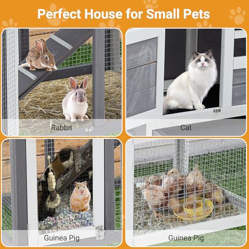 2-Story Wooden Rabbit Hutch & Chicken Coop, Indoor/Outdoor Bunny Cage with Waterproof Roof, Removable Cleaning Tray & Access Ramp for Chicken, Rabbit - size: 46.5 inch