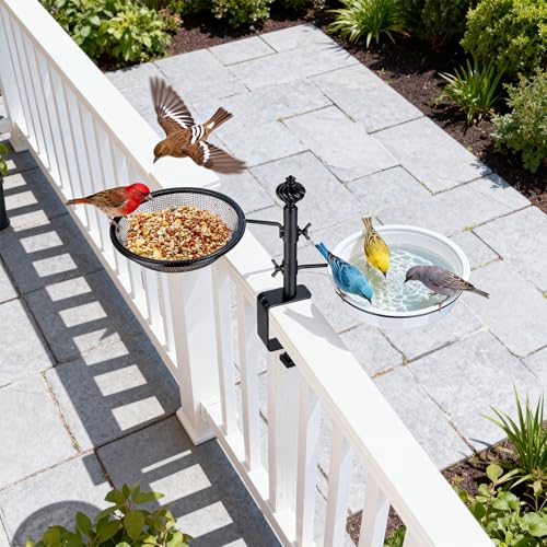 Deck Bird Feeders with Metal Tray and Water Bowl, Heavy Duty, Black | Balcony Bird Feeders, Detachable Clamp Bracket, Easy to Install & Clean, Attracting Wild Birds, Gifts for Women Men Mom Dad - style: 2 Trays
