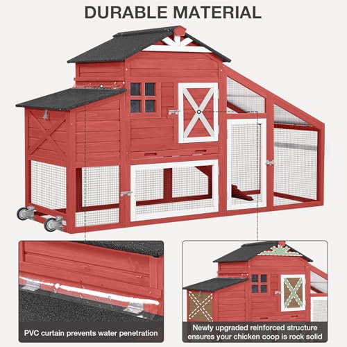 Chicken Coop with Wheels Wooden Outdoor Chicken House Easy Cleaning with Nesting Box, Deeper Leakproof Pull-Out Tray and UV Proof Panel Roof - Reinforced Version - Red