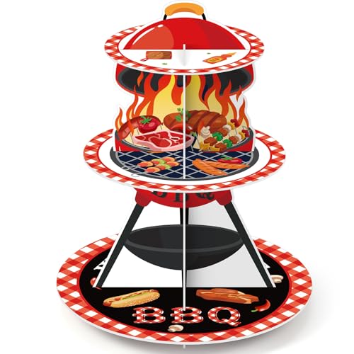 3 Tier BBQ Party Decorations Baby Q Baby Shower Cake Stand Barbecue Theme Summer Cupcake Tower BQQ Table Decor Red and Black Gingham Cake Holder for Summer Picnic Camping Party Decor Supplies - style: Bbq