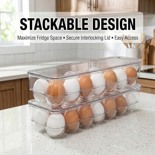 American Dream Fridge Bin Egg Holder for Refrigerator, 14-Egg Storage Container with Lid, Stackable BPA-Free Plastic Organizer Tray for Kitchen Fridge – Clear