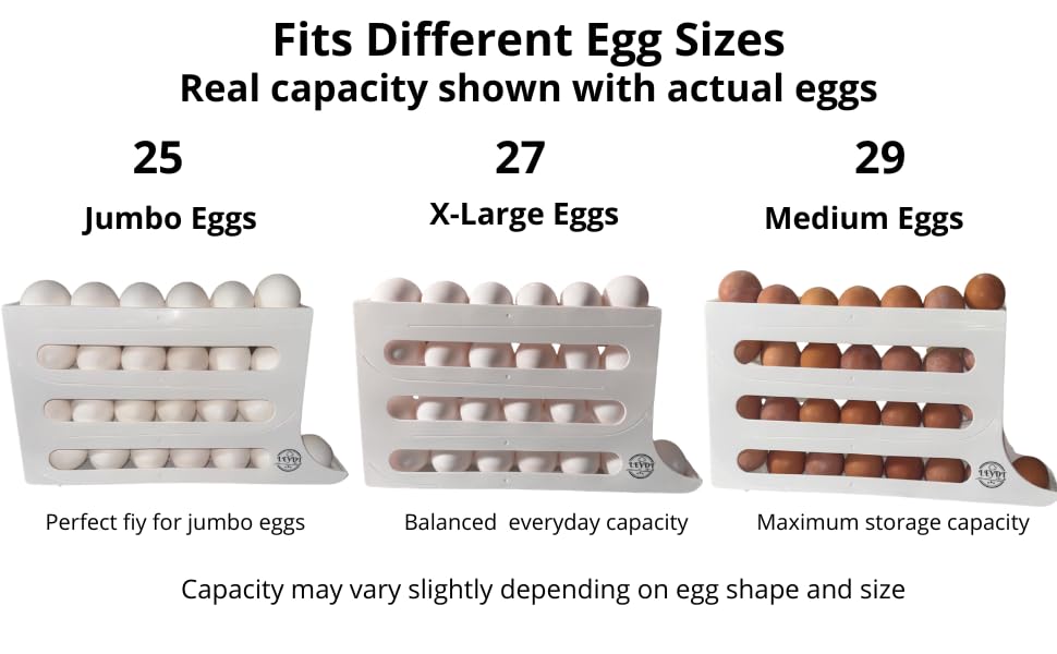 Egg Dispenser for Refrigerator, Fits Jumbo Eggs (25 Capacity), 4-Tier Rolling Egg Holder, Holds XL & Medium Eggs, Space Saving Egg Organizer for Fridge, Counter & Pantry