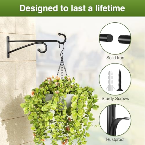 10" Plant Hanger Hook Outdoor Indoor – Planter Hooks for Hanging Plants, Plant Wall Hooks, Brackets for Hanging Plants, Baskets, Wind Chimes, Bird Feeders, Lanterns, Bird Houses (Black, Metal, 2-Pack) - color: Black, size: 10 Inch