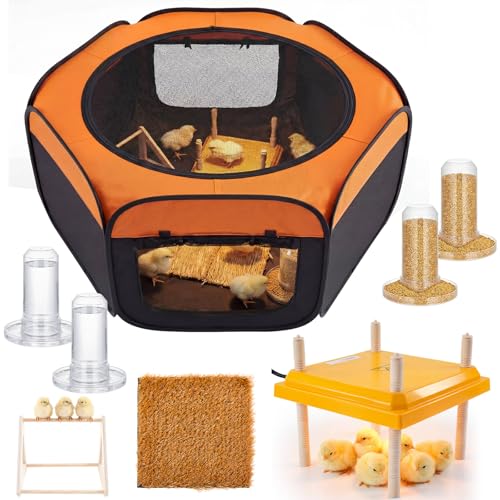 42 in Brooder Box for Chick, 7-in-1 Chick Starter Kit, Includes 10×10 in Heating Brooder Plate, Baby Chicken Pen, 2pcs Chicken Feeder, 2pcs Waterer, Perch, Nesting Pad up to 15 Chicks, Duck, Quail