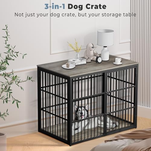Lyromix 48'' XXL Dog Crate Furniture with 3 Doors for Large Dogs | Wooden Kennel End Table, Heavy Duty Indoor Cage for Golden Retriever Labrador, Multiple Units Can be Combined, Grey - color: Ancient gray, size: 47.2"L x 29.1"W x 37.6"H