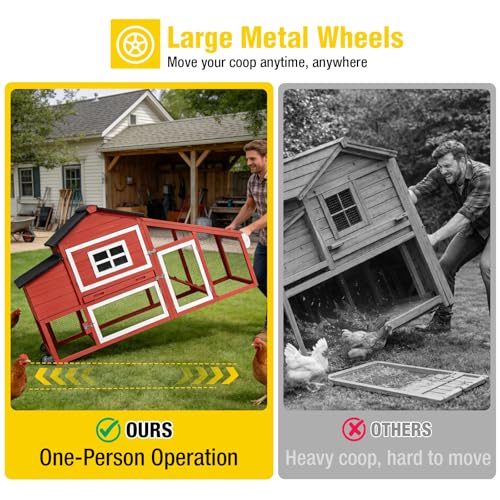 Aivituvin Mobile Chicken Coop with Wheels for 2-4 Chickens, Backyard Expandable Chicken House Duck Cage with Run, 2 Nesting Boxes, Easy Clean Pull-Out Tray, Leak-Resistant Asphalt Roof, 72.3"(Red) - color: Red, size: 72.3"L x 26.0"W x 39.4"H