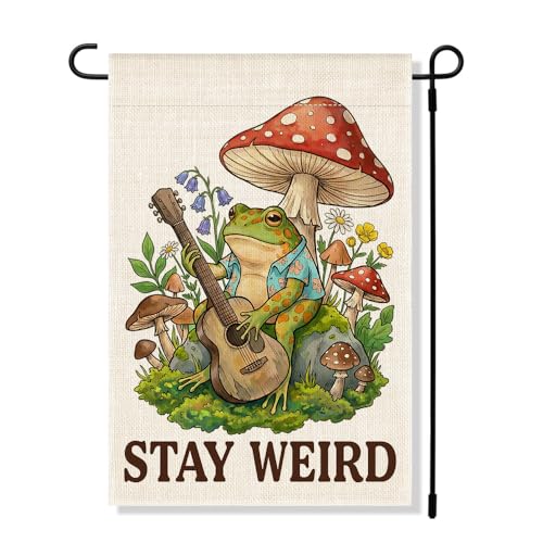 RZHV Stay Weird Double-Sided Garden Flag for Outdoor House Yard Sign Garden Decor Parade, Cute Frog Mushrooms Vertical House Lawn Yard Sign, Housewarming Banner Gifts for Frog Lover Friends Neighbors - color: Weird B
