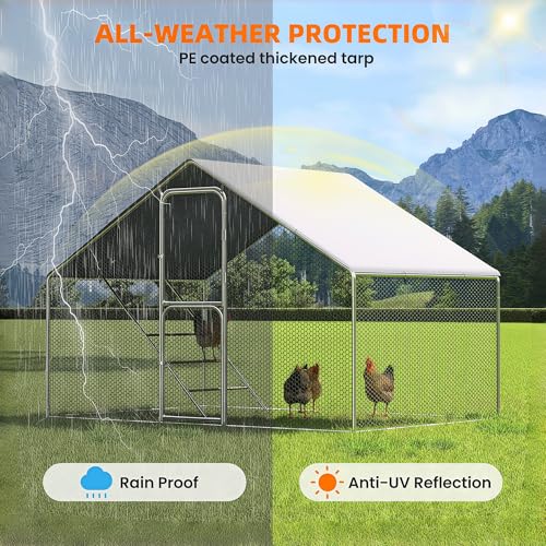 UDPATIO Large Metal Chicken Coop Walk in & Run – Heavy Duty Outdoor Poultry Run with Protective Cover for 10-15 Chickens, Ducks, or Rabbits | Predator-Proof & Weather-Resistant | Double Feed Door UV-Resistant Cover Heavy Duty Outdoor Cage for Bird Duck Ra