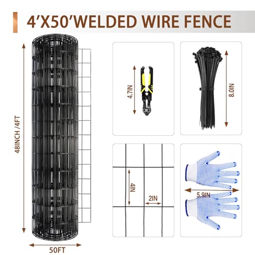 Tongmo 4 ft x 50 ft Black PVC Coated Welded Wire Fence, 16GA Garden Chicken Wire Fence Roll, Mesh Size 2" x 4" Hardware Cloth, Ideal for Yard Protection and Poultry Netting - color: Black, size: 4ft*50ft