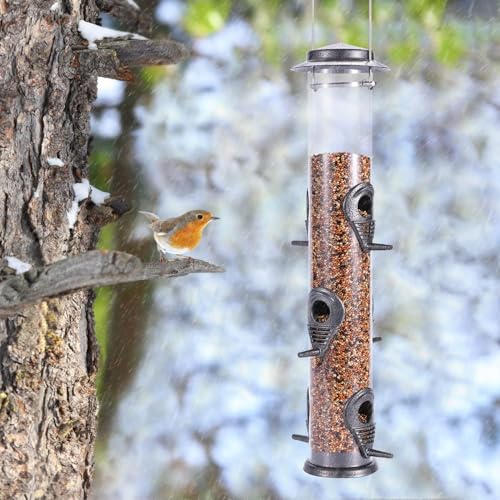 1PK Metal Bird Feeders with 6 Feeding Ports,Tube Bird Feeder with Steel Hanger,Hard Plastic Wild Bird Feeder for Outdoors Hanging, Attracting Birds in Your Lawn, Garden, Balcony-Grey - color: Grey 1 PACK
