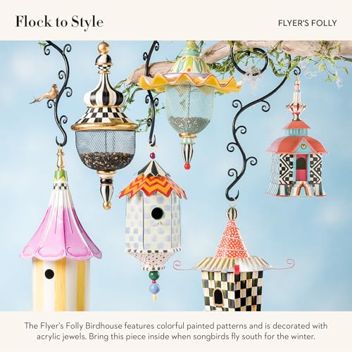 MACKENZIE-CHILDS Metal Birdhouse, Flyer's Folly | Hand-painted design, made from iron, decorative birdhouse and outdoor garden decor, 9.25" dia. x 19" H