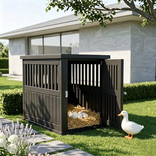 Vixzen Outdoor Duck House, PP Resin Versatile Poultry Shelter, Features Visible Railing with Stainless Steel Lock and Top Storage Space Chicken Coop, Ideal for Outdoor Use on Patios, Farms（Black） - color: Black, size: 39.4"L x 28.4"W x 32.8"H