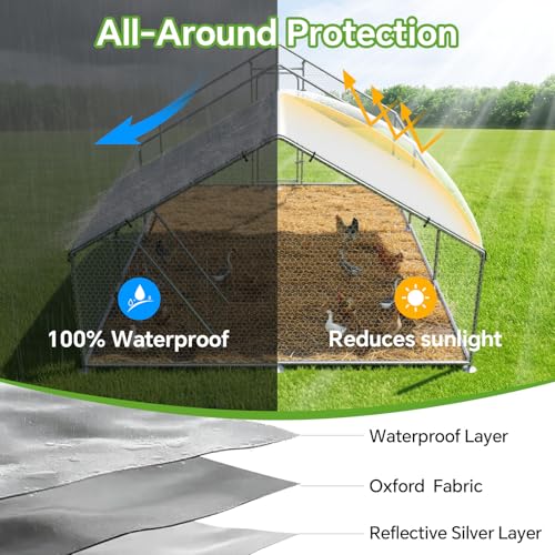 10 x 13.2 x 6.4 FT Metal Chicken Coop, Chicken Run with Cover | Walk-in Metal Chicken Coop, Side Hardware Cloth, Waterproof Cover, Roosting Perch, reinforced frame, Backyard & Farm Use - size: 157.5"L x 119.0"W x 77.2"H