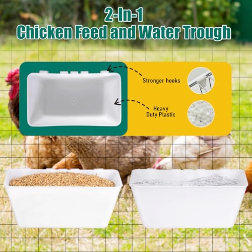 2 Pack Chicken Feeder Waterer 2.5 Quart Hanging Poultry Feeders Trough | Versatile Chicken Feeding Container with Hooks for Duck Goose Rabbit Duck Feeder Poultry and Livestock Water Trough（White） - color: White