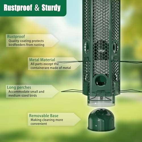 Squirrel Proof Bird Feeders, Bird Feeder for Outdoors with Removable Base, 6 Ports Perches Gravity Protection Squirrel Proof Wild Bird Feeders, 3LB Seed Capacity, Green