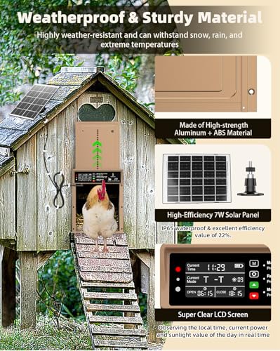 Automatic Chicken Coop Door Solar Powered, Pet Deluxe Chicken Door with Programmable Timer & Light Sensor, Anti-Pinch Safety, 7W Solar Panel, Aluminum Alloy with 10 Wire Clips Solar Chicken Door-Brown - color: Brown