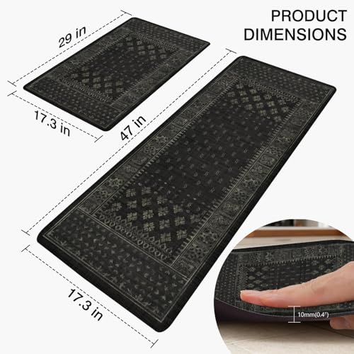 Kitchen Anti-Fatigue Mat, 2PCs, 17.3"x47"+17.3"x29", 0.4" Thick | PVC Non-Slip Cushioned Comfort Washable Floor Rug, Ergonomic Standing Rugs, Easy Clean for Home, Sink, Laundry - color: Black