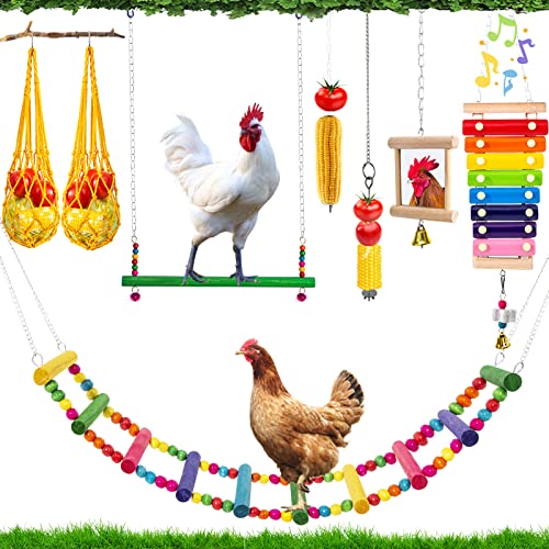 9PCS Chicken Toys for Coop Accessories - Chicken Xylophone Toy, Chicken Mirror, Chicken Ladder Bridge, Coop Swing, Vegetable Hanging Chicken Feeder, Chewing Foraging Toys, Gifts for Hens - size: 9pcs