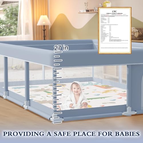 XVISHX 74 x 50 Inch Baby Playpen with Mat, Playpen for Babies and Toddlers, Baby Playard for Indoor & Outdoor Active Center Game Fence, with Skin-Friendly Fabric and Soft Breathable Mesh, Grey - size: 74 × 50 Inch With MAT