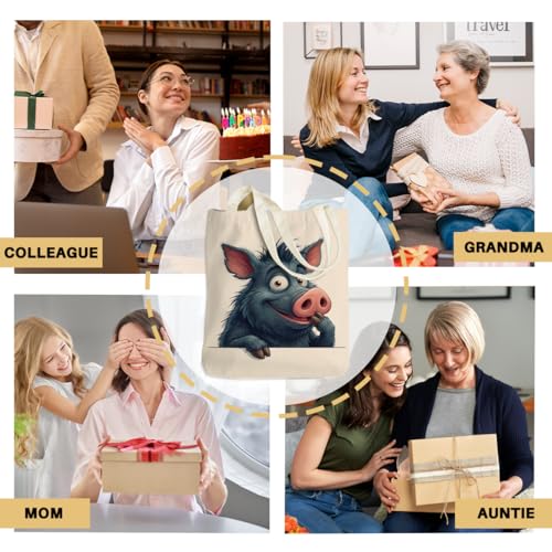 Cartoon Canvas Tote Bag, Gifts for Women Men Birthday Christmas Reusable Tote Shoulder Bag for Grocery Shopping 01 - color: Pig 485