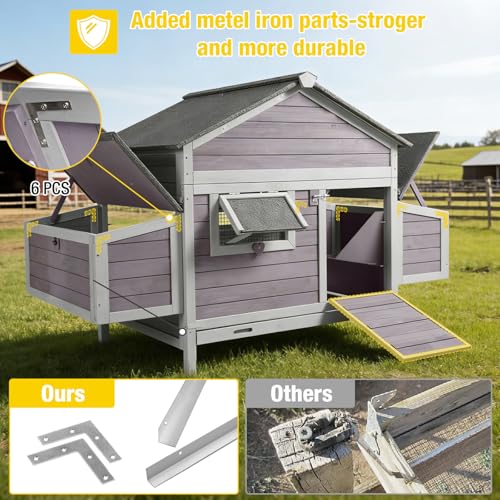 Large Chicken Coop for 2-4 Hens, Outdoor Wooden Hen House with 4 Nesting Boxes, Weatherproof Asphalt Roof, Dual Ramp Doors, Pull-Out Tray - color: Grey, size: 67.2"L(4-6 chickens)